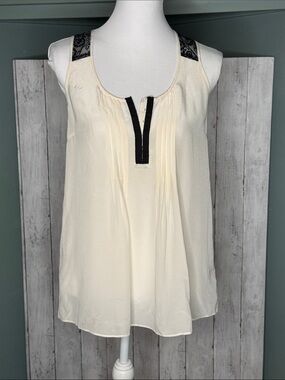 100% Silk Cream Sleeveless Tank with Black Trim and Lace Details